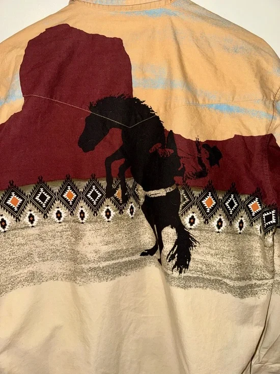 Vintage Wrangler Brushpopper Pearl Snap Aztec Mens Large Western Rare Pattern - Picture 3 of 8